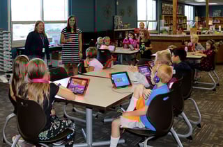 Tanya Dittman encourages Fairview Elementary students to nominate their favorite teachers for the Golden Apple Awards.